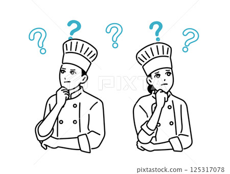 Male and female chefs with questions floating above their heads 125317078