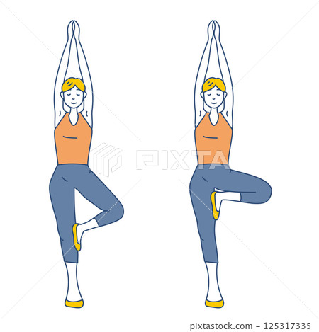 A simple illustration of a woman relaxing in the yoga tree pose 125317335