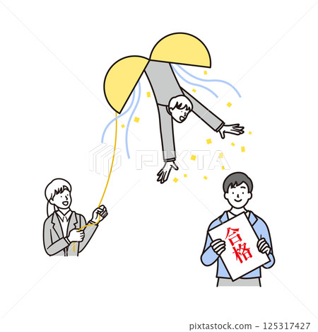A simple illustration of a male high school student who is happy to pass the exam and his female and male teacher A simple illustration of a male high school student who is happy to pass the exam and his female and male teacher 125317427