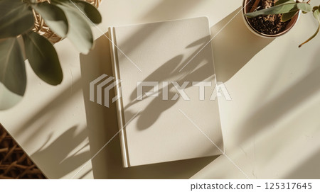 Photorealistic hardcover book mockup on minimalist desk, soft natural light and shadows, blank cover, cozy modern aesthetic, top view, Photorealistic hardcover book mockup on minimalist desk, soft natural light and shadows, blank cover, cozy modern aesthetic, top view, 125317645