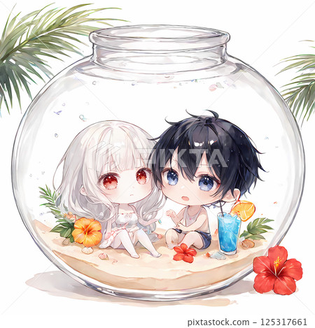 Lovers in a bottle. A tropical resort with an albino girl and a blue-eyed young man. Anime-style watercolor clipart 125317661