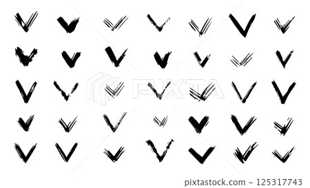 Set of black grunge ink drawn check marks, tick icons made with grunge brush, bold brush strokes forming check mark, correct icons, accept vector symbols, vector buttons for vote, right icons Set of black grunge ink drawn check marks, tick icons made with grunge brush, bold brush strokes forming check mark, correct icons, accept vector symbols, vector buttons for vote, right icons 125317743