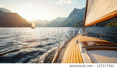 A sailing trip surrounded by waves and light, the dynamic sea captured on a wooden deck 125317902