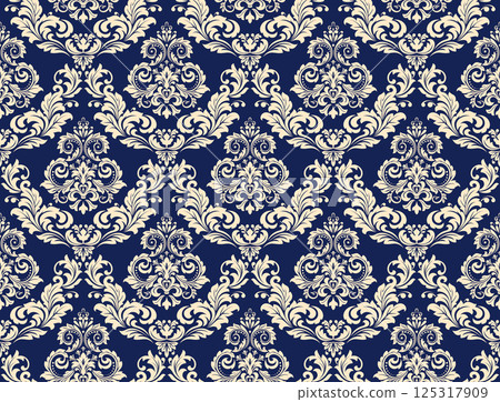Floral pattern. Seamless vector background. Vintage wallpaper in the Baroque style. Golden and dark blue ornament for fabric, wallpaper, packaging. Ornate Damask flower illustration Floral pattern. Seamless vector background. Vintage wallpaper in the Baroque style. Golden and dark blue ornament for fabric, wallpaper, packaging. Ornate Damask flower illustration 125317909
