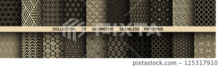 Geometric set of seamless black and golden patterns. Simple vector graphics Geometric set of seamless black and golden patterns. Simple vector graphics 125317910