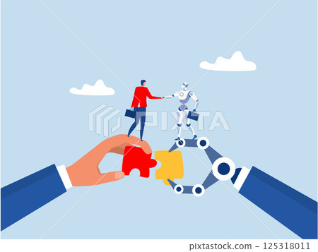 people with robot Cooperation partnership, work together for success, agreement or negotiation, businessmen handshake with robot on growth arrow joining connection agree to work together 125318011