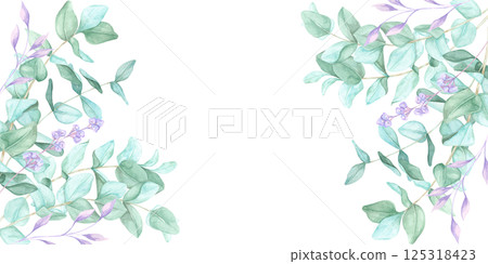 Hand-painted eucalyptus branches with hints of purple form a stylish watercolor clipart frame. Use this banner for social media posts, website decor, invitations, and eco-friendly merchandise 125318423
