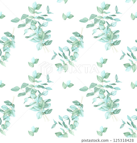 Elegant eucalyptus foliage in varying green shades arranged in a repeating pattern watercolor clipart. Ideal for interior decor elements, fabric patterns, and digital art projects 125318428