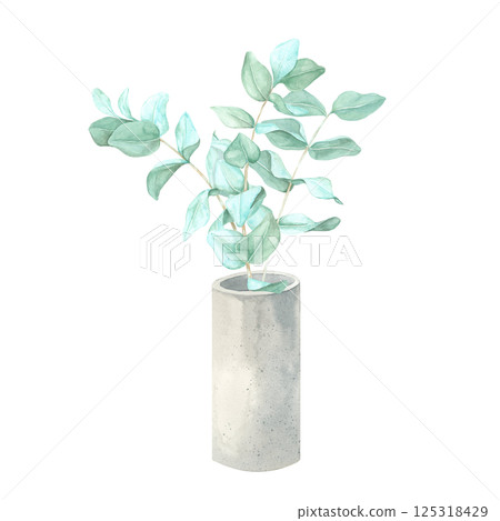 Green eucalyptus leaves in a bouquet, elegantly placed in a gray cement vase, painted in watercolor. This botanical illustration is ideal for greeting cards, wall art, stationery, and product branding 125318429