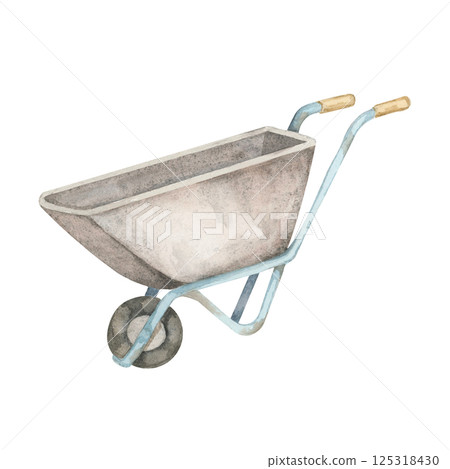 Gray metal wheelbarrow with light blue handles and wooden grips, watercolor illustration. Push cart clipart. Great for gardening flyers, spring-themed designs, seed packet labels, or DIY projects 125318430