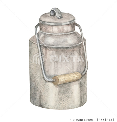 Metal milk can with wooden handle in gray and brown tones, watercolor clipart. Metal churn illustration. Ideal for packaging design, rustic-themed branding, farm signage, or kitchen textile patterns 125318431