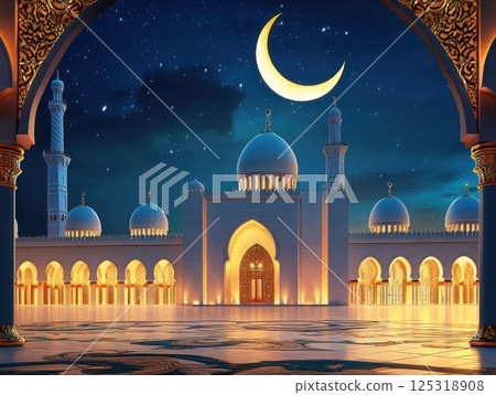 Mosque adorned with Arabic patterns under crescent moon in calm Ramadan evening glow 125318908
