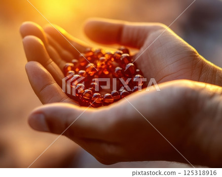 Close-up of hands holding prayer beads (misbaha), soft light, Ramadan setting, focus on spirituality 125318916