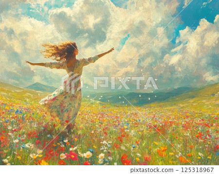 Woman spinning in a field of wildflowers, arms outstretched, radiating pure joy 125318967