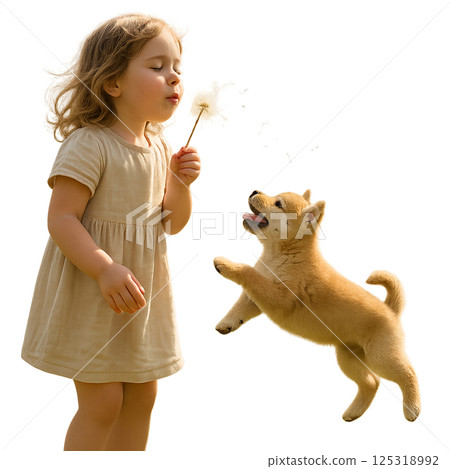 A girl and a puppy playing with fluffy fluff 125318992