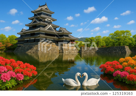 松本城與水面倒映的風景 杜鵑花 天鵝 松本城與水面倒映的風景 杜鵑花 天鵝 125319163