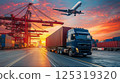 Logistics, truck car container Cargo ship transportation with working crane bridge in deep sea port for import export. 125319320