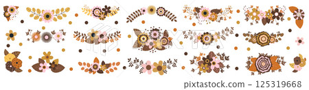 Vector set with floral bouquets in warm brown and pink autumn colors, flowers, leaves, twigs graphic design elements 125319668