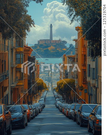 View of Coit Tower from a San Francisco street lined with parked cars 125319764