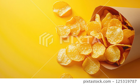 Potato chips in paper bag on yellow background, top view. 125319787