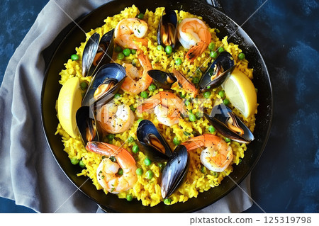 seafood paella served in a black plate garnished with shrimp, mussels, and lemon wedges 125319798