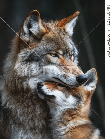 Mother wolf lovingly embraces her playful cub 125319799