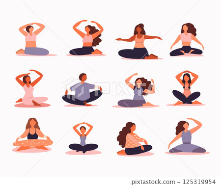 Vector isolated illustration of a set of women in yoga poses on a white background. Vector isolated illustration of a set of women in yoga poses on a white background. 125319954