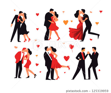 Vector isolated illustration of a set of couples dancing and kissing. International Kissing Day. Couples in love on a white background. 125319959