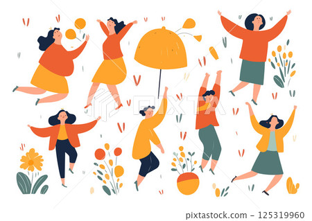 Vector isolated illustration of a set of people rejoicing. International day of happiness. Active women in motion. 125319960