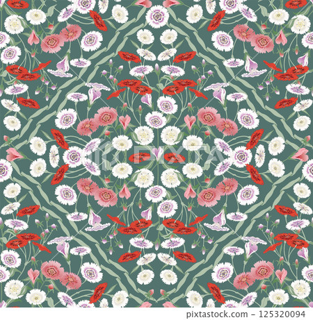 A Colorful Field of Blooming Dianthus Flowers. Vector illustration of a seamless pattern A Colorful Field of Blooming Dianthus Flowers. Vector illustration of a seamless pattern 125320094