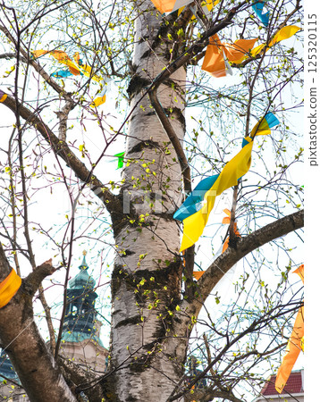 Birch tree with ribbons and prague church tower in spring 125320115