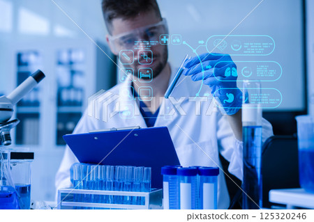 Chemist scientist holding test tube conducting experiment in laboratory with equipment. Chemist scientist holding test tube conducting experiment in laboratory with equipment. 125320246