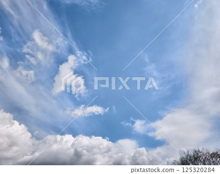 Wispy white clouds floating lazily against vivid blue sky, depicting serene atmospheric landscape with soft, ethereal cloudscape 125320284