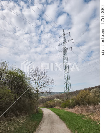 Electricity pylon towering over meandering rural path, green countryside stretching beneath overcast sky Electricity pylon towering over meandering rural path, green countryside stretching beneath overcast sky 125320302