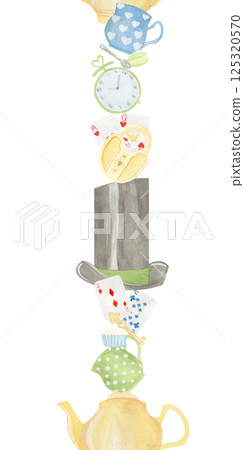Seamless border vertical watercolor illustration hand painted Alice in Wonderland: Watch, what, cards, key, cup and teapot, cake, playing card. Use it for postcards, invitations and scrapbooking. 125320570