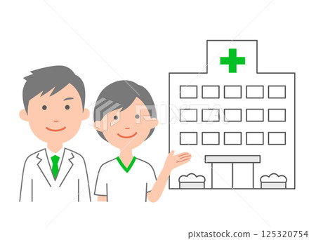 Male and female medical staff giving a tour of the hospital facilities 125320754