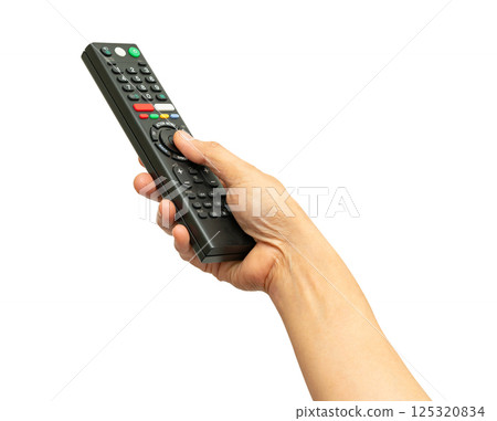 Asian woman use finger of left hand to press button on television remote control isolated on white background with clipping path. 125320834