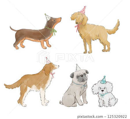 Cute Dogs Doodle Watercolor Set - Cartoon Dogs in Caps Character Designs, Set of Funny Pet Animals Isolated on White Background Cute Dogs Doodle Watercolor Set - Cartoon Dogs in Caps Character Designs, Set of Funny Pet Animals Isolated on White Background 125320922