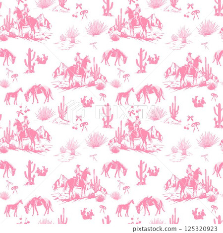 Seamless pattern Rodeo Cowboys , a desert landscape with cacti, pink bows, and cherries a design for fabrics and prints in the Wild West style Seamless pattern Rodeo Cowboys , a desert landscape with cacti, pink bows, and cherries a design for fabrics and prints in the Wild West style 125320923