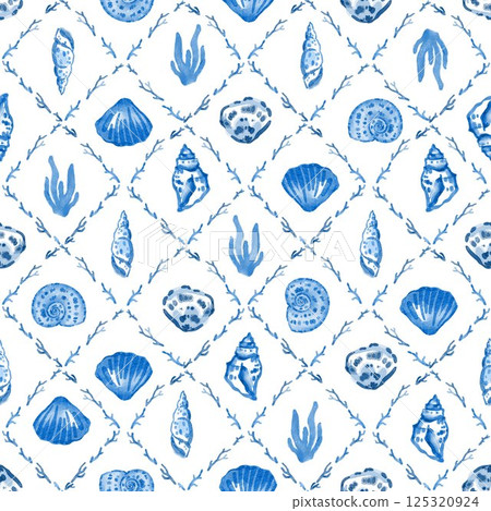 Vintage Style Elegant Floral Art Deco Seamless Fan Pattern in Blue Color - Texture Featuring hand drawn Shells and Marine Elements Vintage Style Elegant Floral Art Deco Seamless Fan Pattern in Blue Color - Texture Featuring hand drawn Shells and Marine Elements 125320924