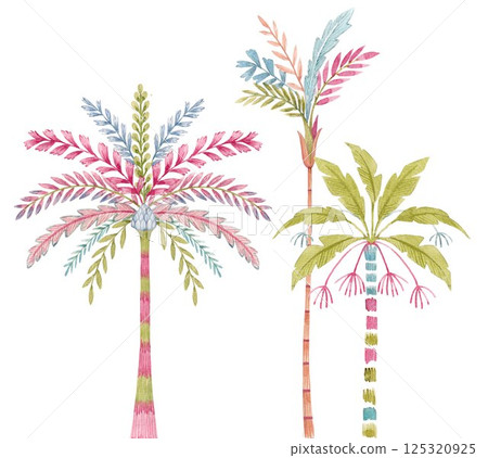 Colorful stylized hand drawn palm tree. Set tropical coconut trees, vintage miami palms illustration . Tropical tree palm, Trendy Moroccan style 125320925