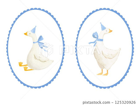 Cute goose. Adorable farm birds in different poses, funny characters. Childish print, kids textile and nursery decor. Stickers set. Watercolor cartoon flat isolated illustration Cute goose. Adorable farm birds in different poses, funny characters. Childish print, kids textile and nursery decor. Stickers set. Watercolor cartoon flat isolated illustration 125320926