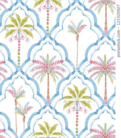 Seamless Multicolored Watercolor Moroccan Pattern with Stylized Palm Trees and Geometric Texture , Creative Repeat Modern Pattern with Ornamental Design Seamless Multicolored Watercolor Moroccan Pattern with Stylized Palm Trees and Geometric Texture , Creative Repeat Modern Pattern with Ornamental Design 125320927