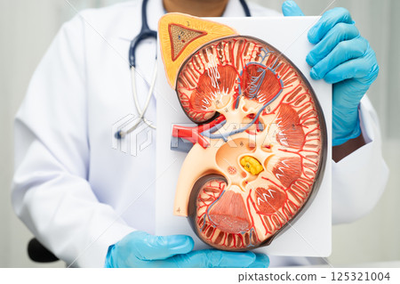 Chronic kidney disease, doctor with model for treatment urinary system, urology, Estimated glomerular filtration rate eGFR. 125321004