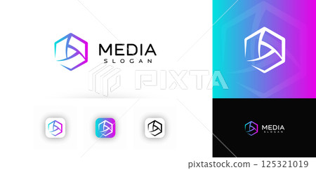 Media Logo Design With Gradient Hexagon and Play-Inspired Shape, Perfect For Video, Streaming, Or Creative Brands. Vector logotype. Media Logo Design With Gradient Hexagon and Play-Inspired Shape, Perfect For Video, Streaming, Or Creative Brands. Vector logotype. 125321019