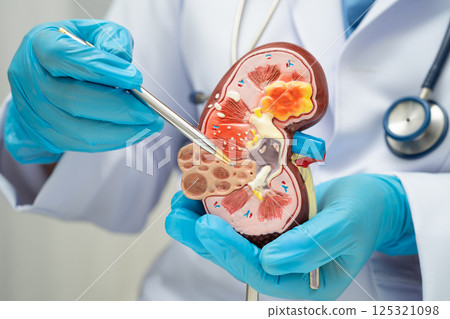 Chronic kidney disease, doctor with model for treatment urinary system, urology, Estimated glomerular filtration rate eGFR. 125321098
