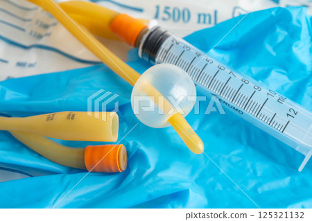 Foley catheter and urine drainage bag collect urine for disability or patient in hospital. 125321132