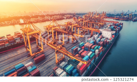Logistics, container Cargo ship transportation with working crane bridge in deep sea port for import export. Logistics, container Cargo ship transportation with working crane bridge in deep sea port for import export. 125321274
