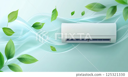 Air conditioner with fresh green leaf and cool flow wide waves. 125321330