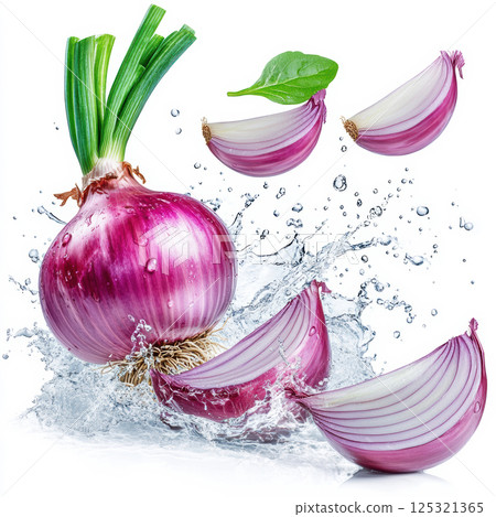 Fresh shallot with slices splash isolated on white background. 125321365
